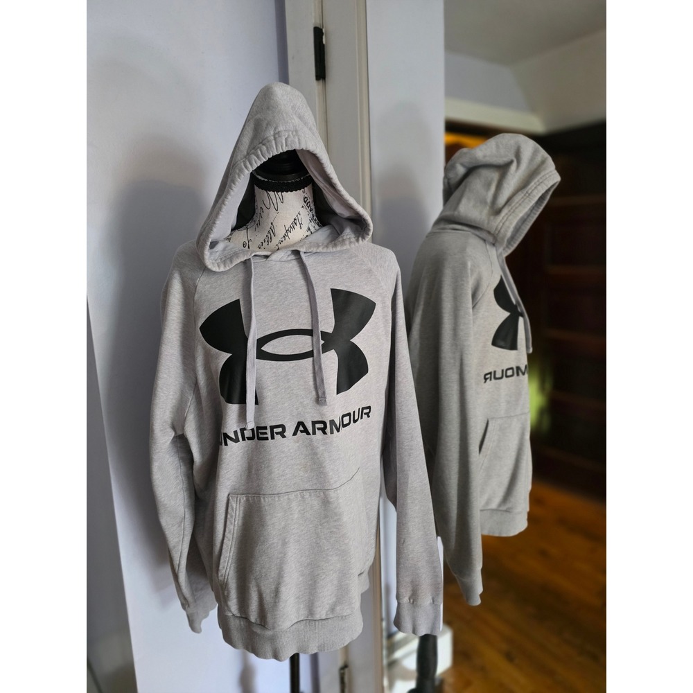 Under Armour Mens Rival Fleece Big Logo Hoodie Gray Loose Fit Pullover Medium
